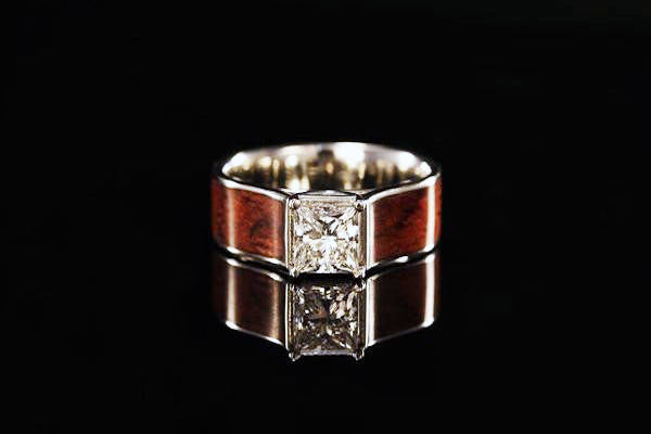 CATHEDRAL 14K GOLD DIAMOND BUBINGA WATERFALL WOOD RING