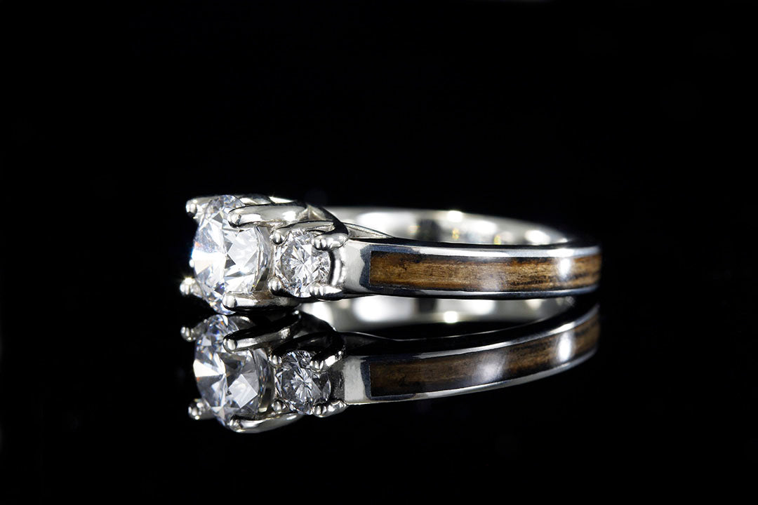 WHISKEY BARREL WOOD 14K WHITE GOLD DIAMOND 3 STONE CURVE RING