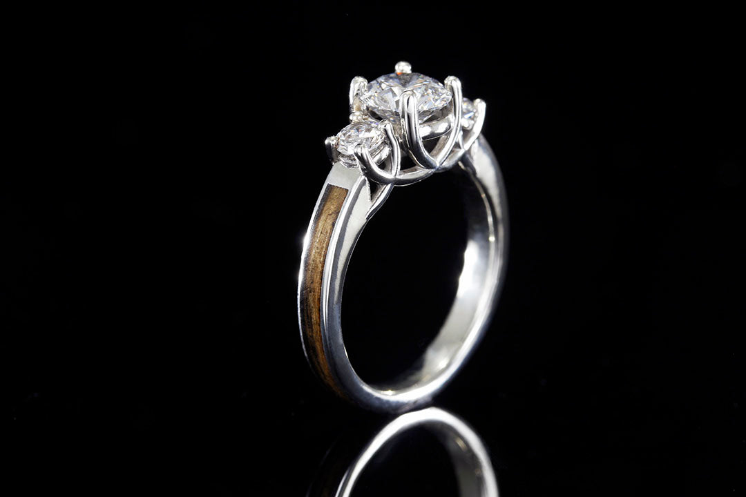 WHISKEY BARREL WOOD 14K WHITE GOLD DIAMOND 3 STONE CURVE RING