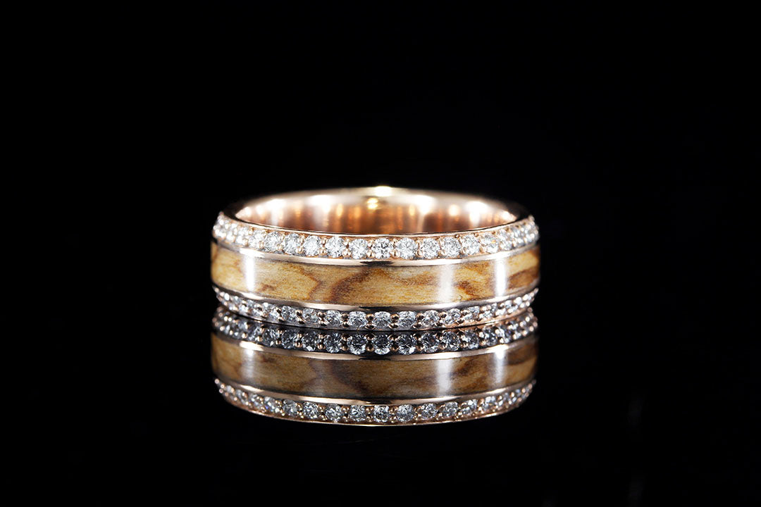 ROSE GOLD DIAMOND EDGED RING WITH BETHLEHEM OLIVE WOOD