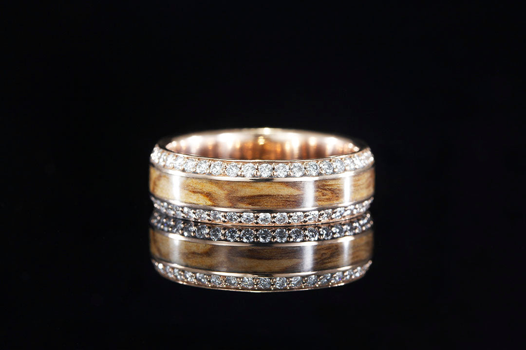 ROSE GOLD DIAMOND EDGED RING WITH BETHLEHEM OLIVE WOOD