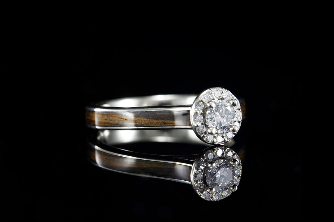WHISKEY BARREL WOOD 14K WHITE GOLD DIAMONDS HALO RING