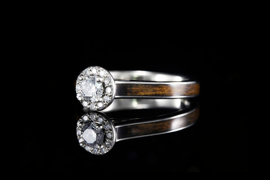WHISKEY BARREL WOOD 14K WHITE GOLD DIAMONDS HALO RING