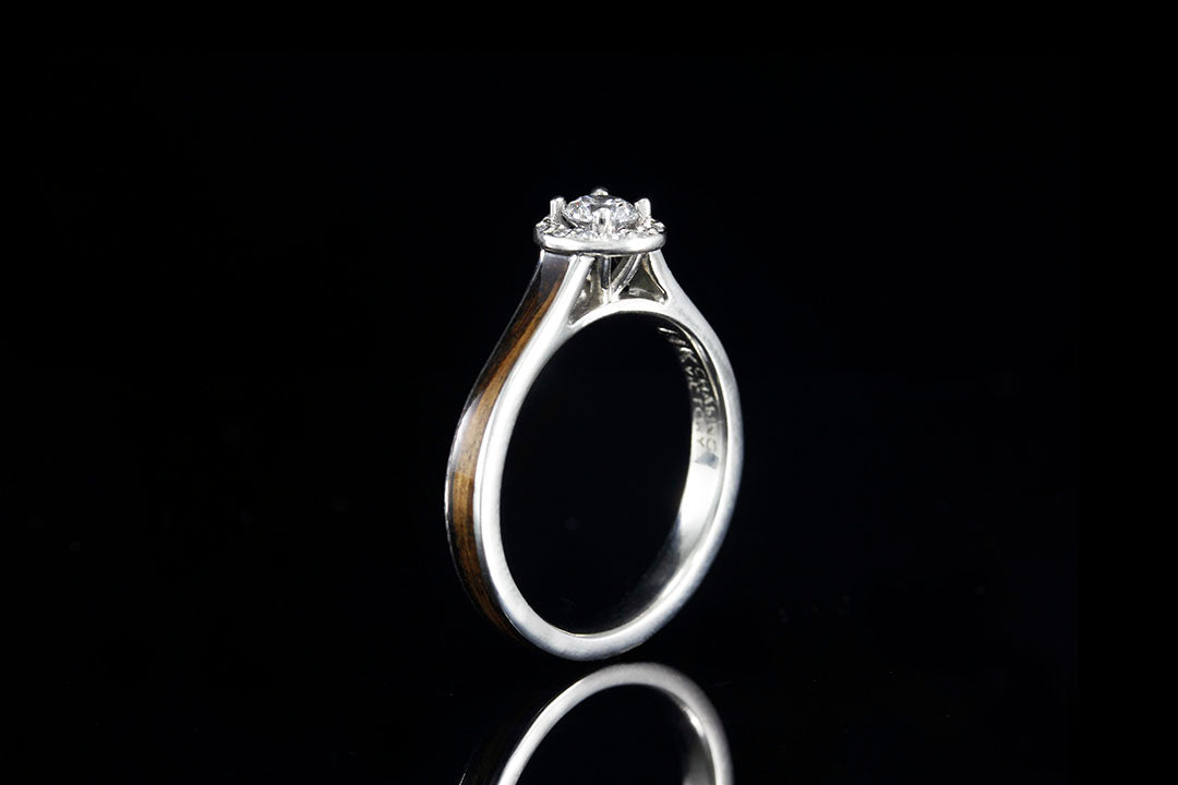 WHISKEY BARREL WOOD 14K WHITE GOLD DIAMONDS HALO RING