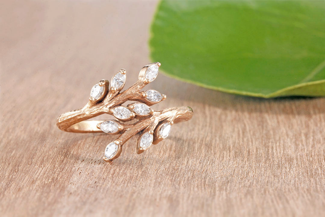 ROSE GOLD TWIG RING WITH MARQUISE DIAMOND LEAVES