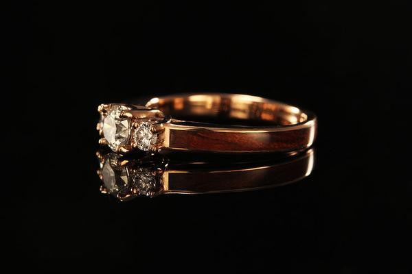 rose gold wooden engagement ring, wooden band, side view