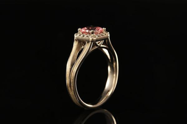 white gold ring for women, Standing view, Gold lining, 14K white gold Pink Topaz Split halo ring