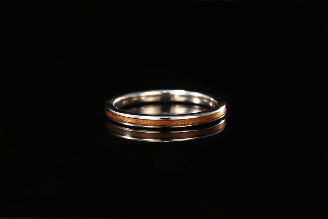 Cherry wood gold ring, 14K White gold cherry wood ring, Chasing Victory, black backdrop