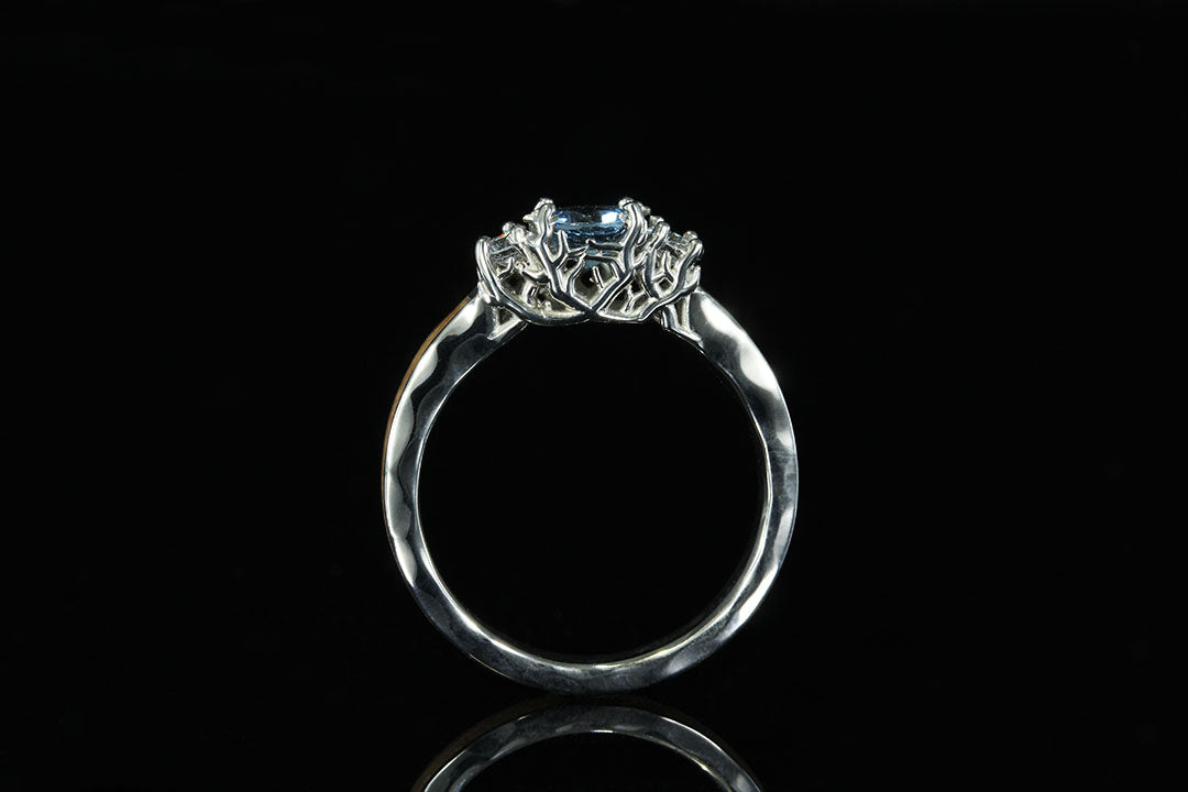 3 stone "Coral of the Sea" engagement ring, stanging view, silver lining