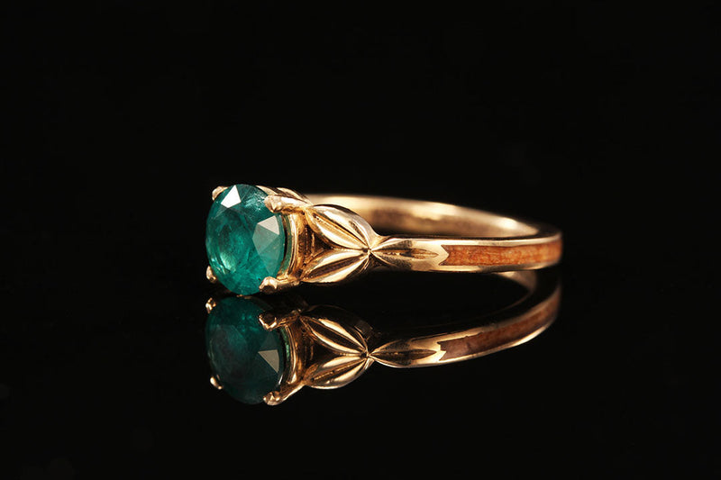 Emerald Gold Wooden Ring, side view, golden leaves, wooden band