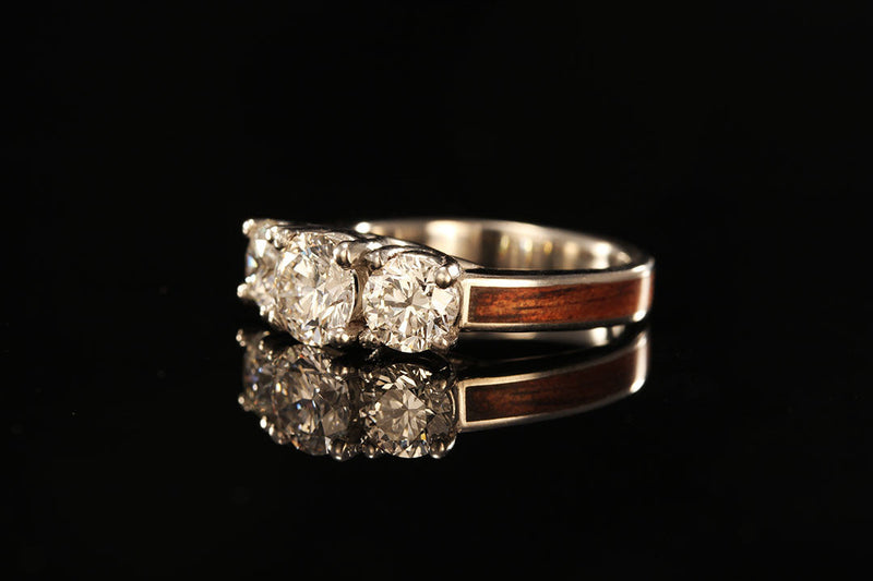 Wood and Platinum 3 Stone Diamond Ring, side view, wooden band, golden lining