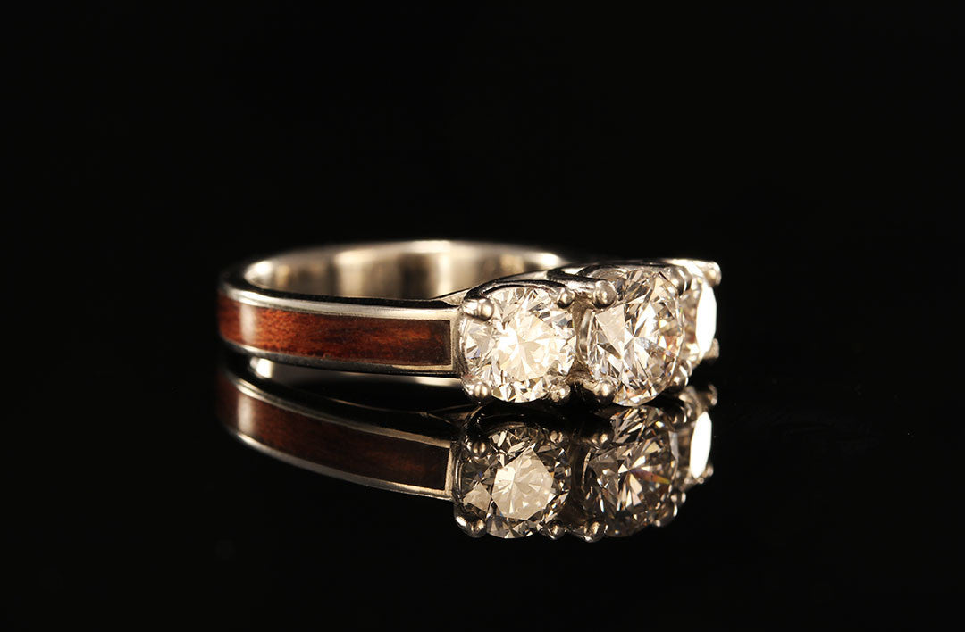 Wood, Diamond and Platinum Ring, side view, bubinga waterfall wood, platinum diamond