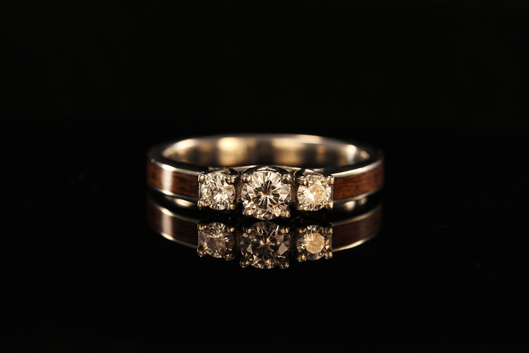 Jack Daniels Wood 3 stone engagement ring, Chasing Victory, dark wood band, golden interior