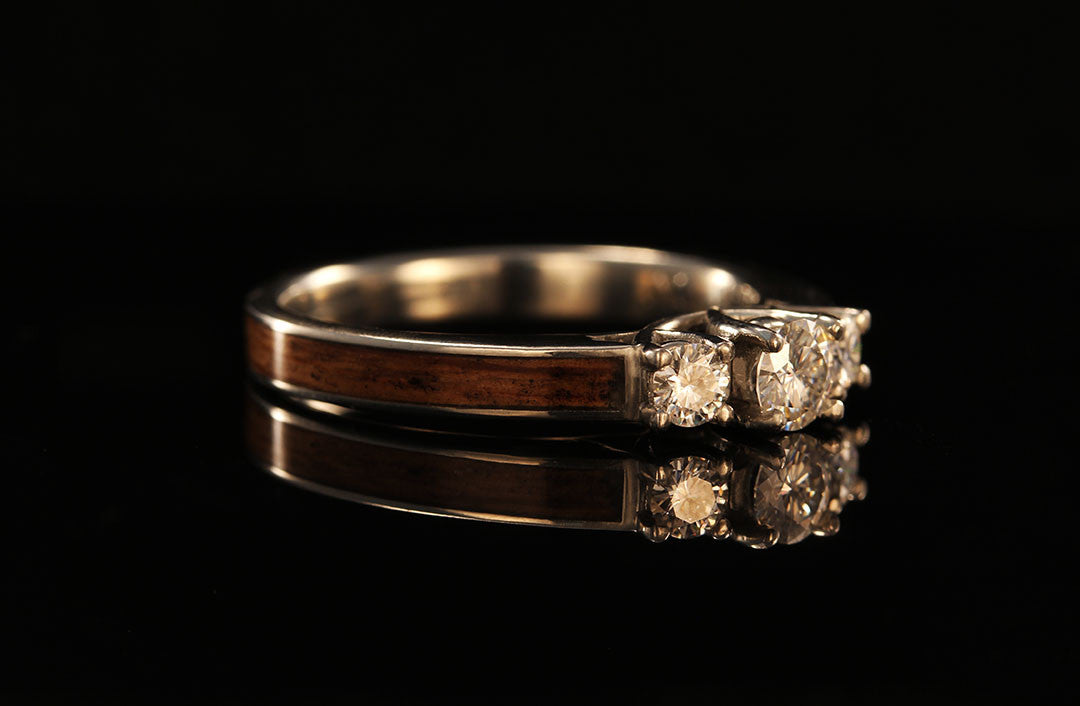 3 Stone Diamond Wooden Engagement Ring, side view, golden interior, Chasing Victory