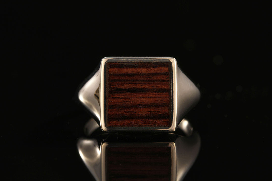 Kingwood mens 14K white gold signet ring, Chasing Victory, mens wedding rings, dark wood