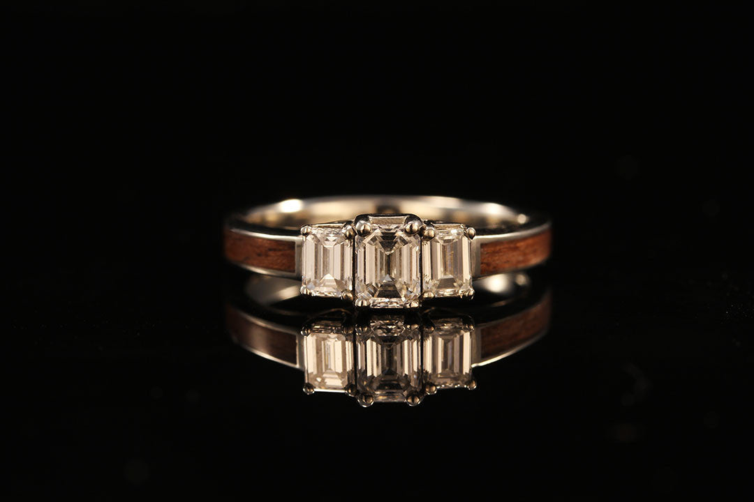 Womens Walnut Wood Engagement Ring, 14K white gold diamond 3 stone curve ring, Chasing Victory