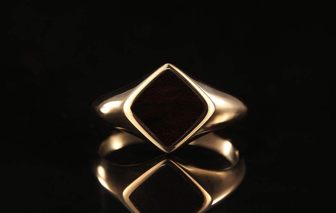 Ebony wood Mens 14K yellow gold signet ring, Chasing Victory, mens wedding ring