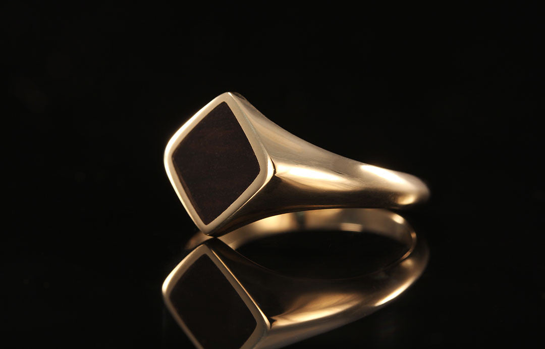 Mens Wood Signet Ring, golden band, wedding band