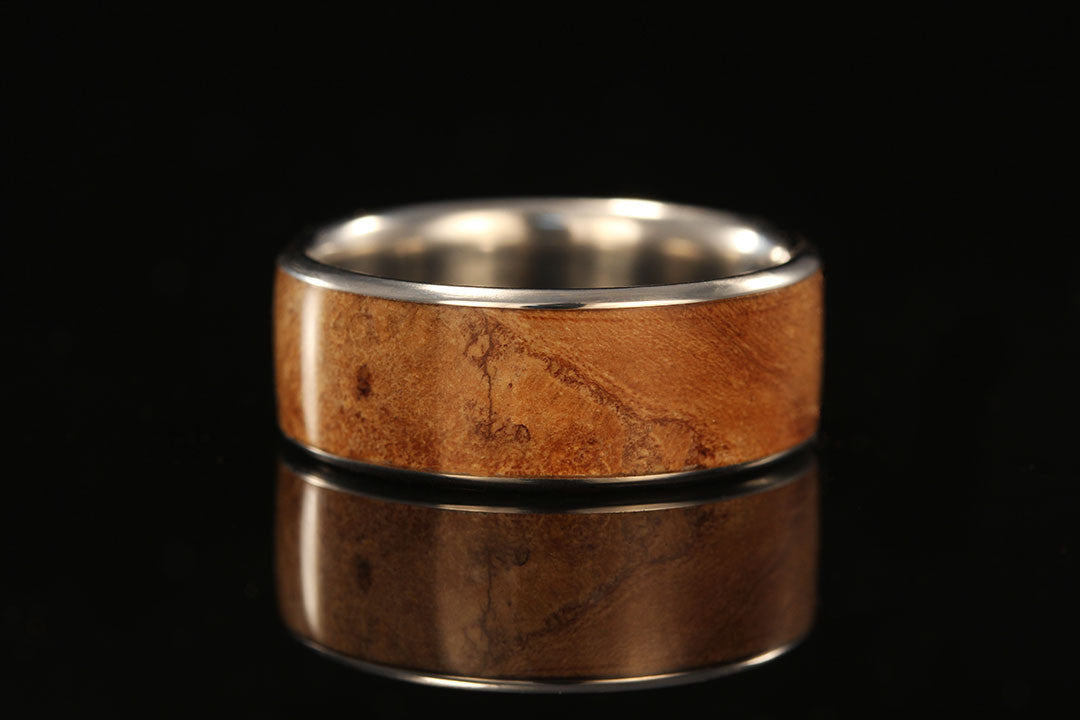 Hopea Burl stone wood mens titanium ring, wedding band, rose golden interior, Chasing Victory