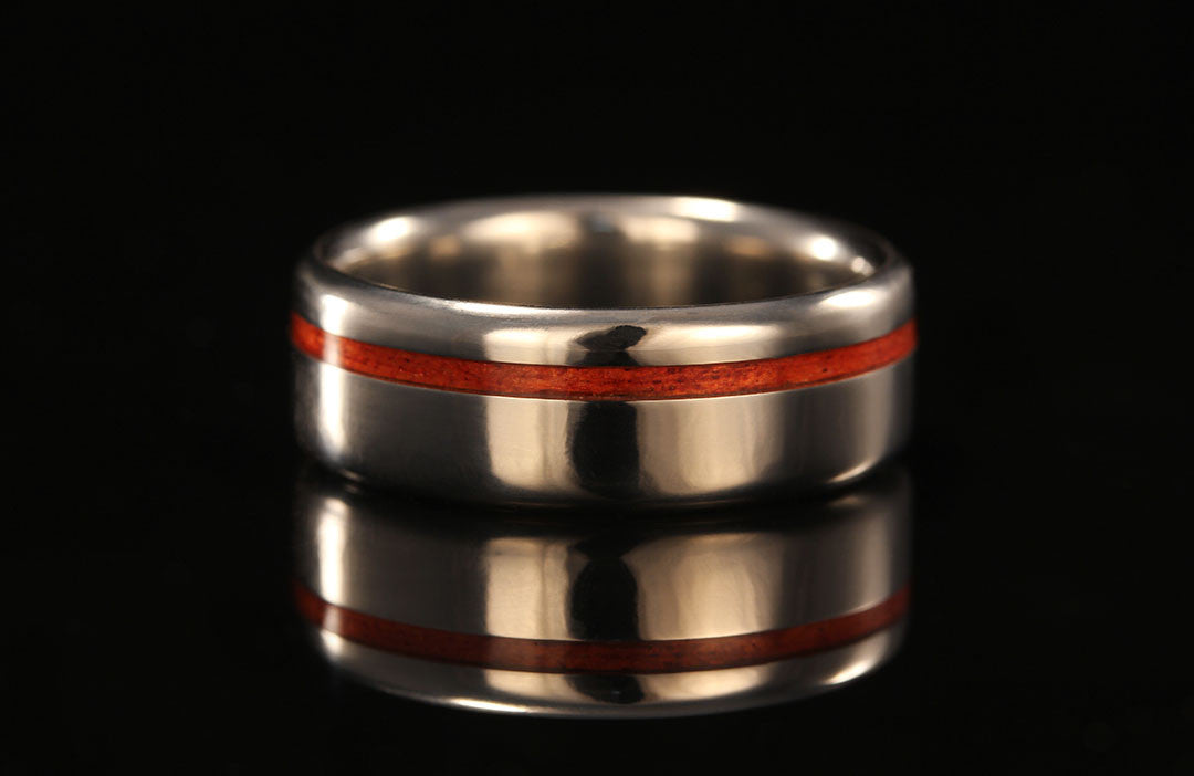 Redheart wood titanium offset ring, golden interior band, Chasing Victory