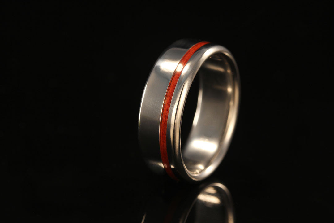 wooden ring and titanium upright view, golden interior band, wedding band, wedding ring