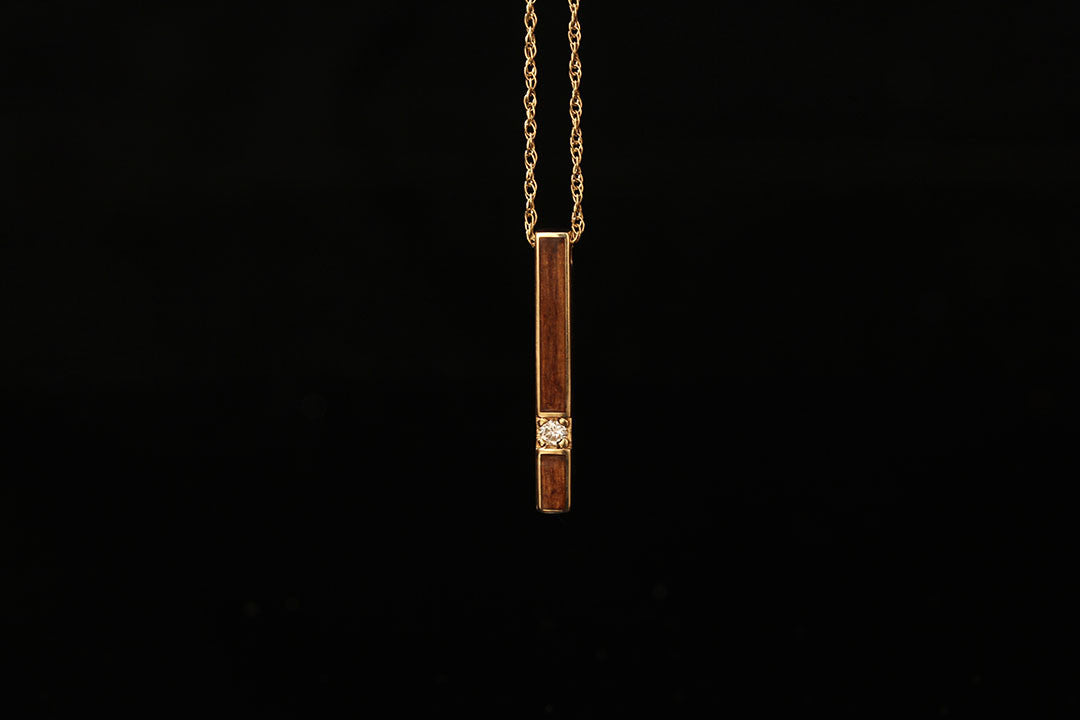 Gold bar pendant with wood inlay and Diamond setting, golden chain, wooden bar with diamond stud, Chasing Victory