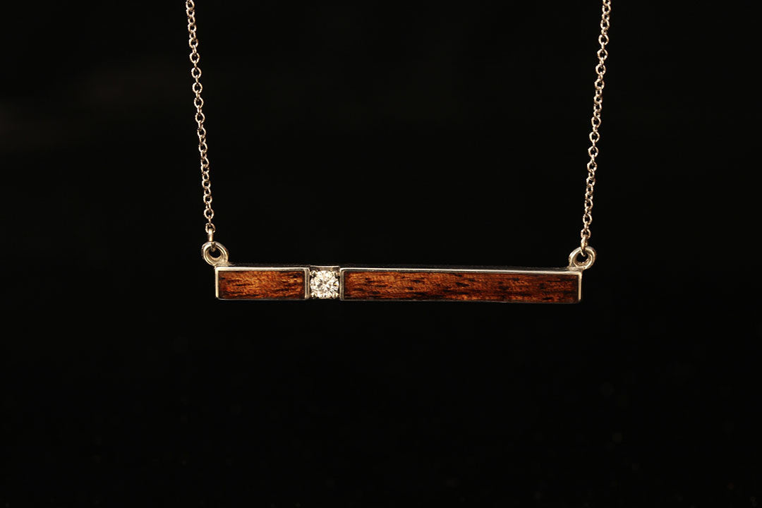 Horizontal gold bar pendant with Hawaiian Koa wood inlay and diamond setting, Chasing Victory, Golden chain