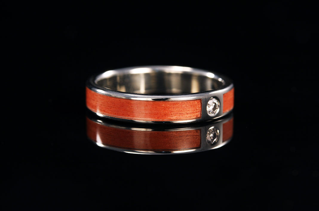 14k Gold wedding pink ivory wood ring, silver interior, silver lining, wooden band