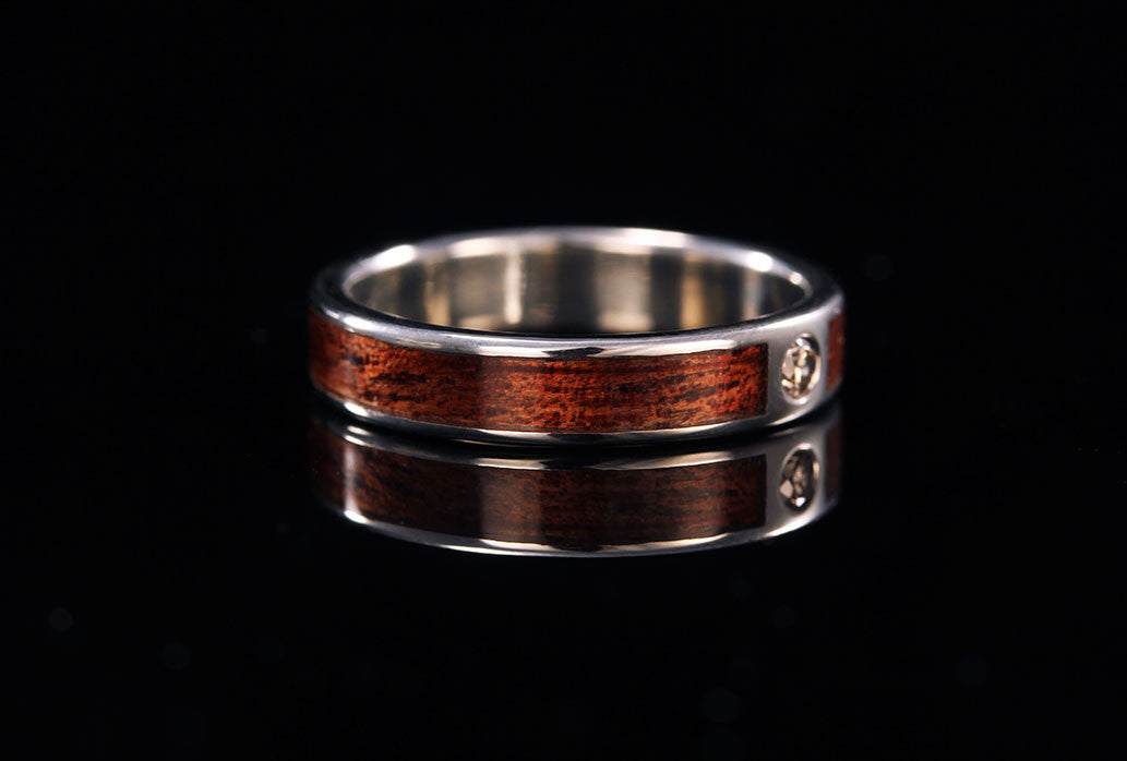 Diamond Gypsy Set Women's Ring, side view, dark koa wood band, silver interior