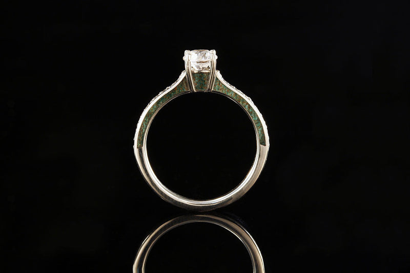white gold ring, upright view, acrylic blue dyed wood side, wedding ring