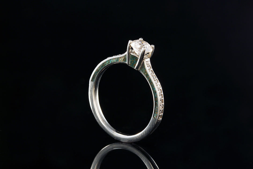 Blue dyed acrylic wooden inlay, 14K white gold diamond ring, engagement ring, wedding band
