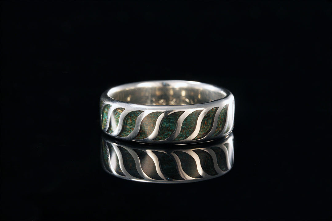 Blue dyed acrylic wood, 14K white gold wave band inlay