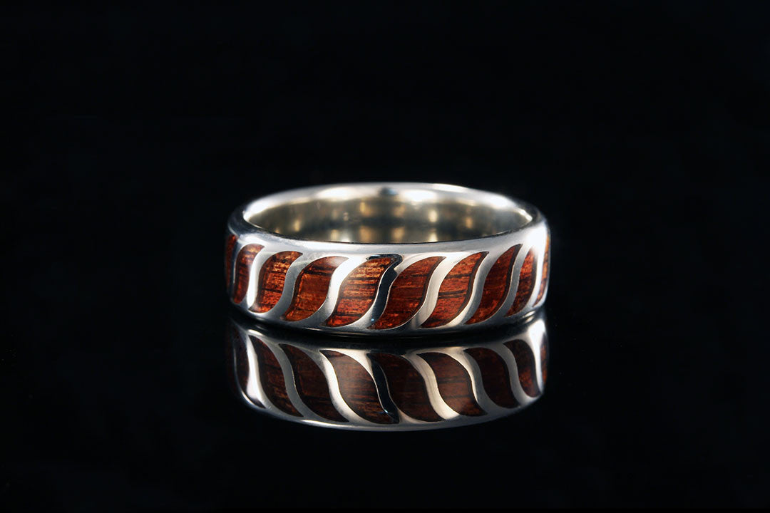 Hawaiian Koa wood 14K white gold wave ring, Chasing Victory, Silver band, wooden waves, mens wedding ring