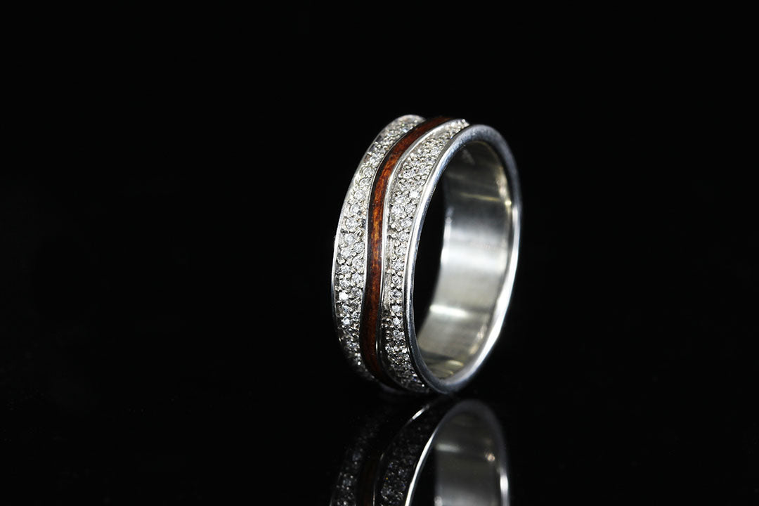 Diamond Wood Wedding Ring, upright view, silver interior band