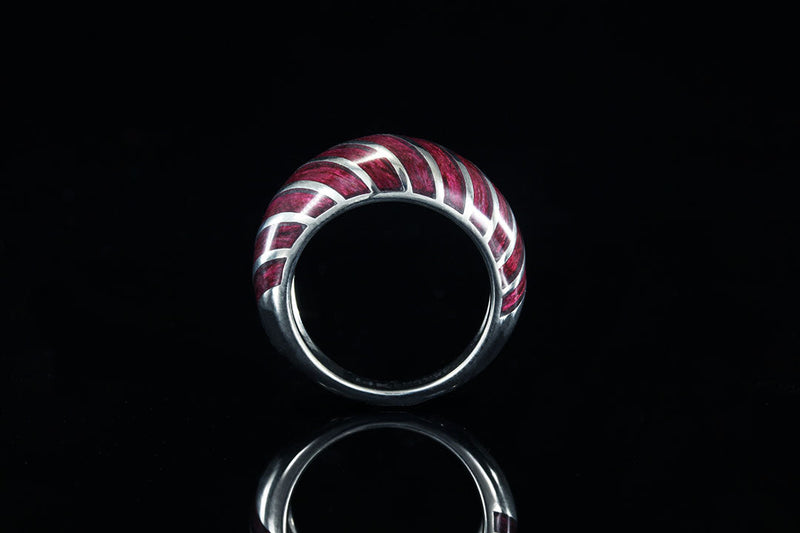 Upright 14k gold ring with black background, silver lining and band