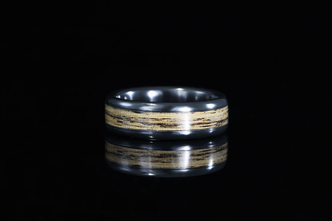 black and white ebony wood mens zirconium ring, Chasing Victory, silver band