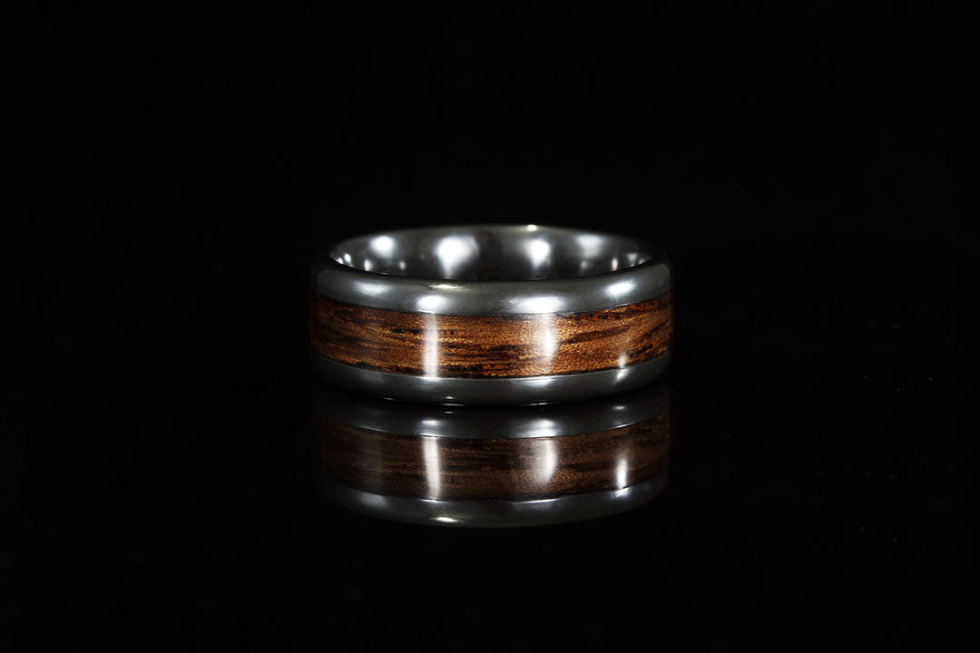 Monkey pod wood mens zirconium ring, wooden wrap, silver lining