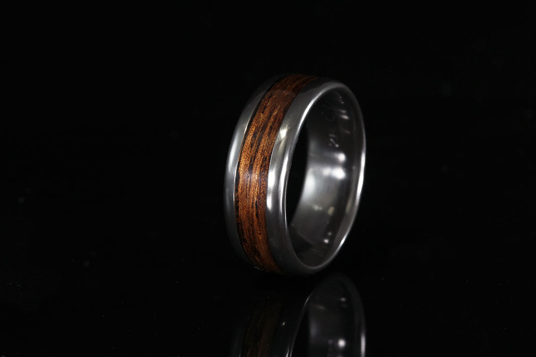 Men's Wooden Ring, upright view, silver interior band