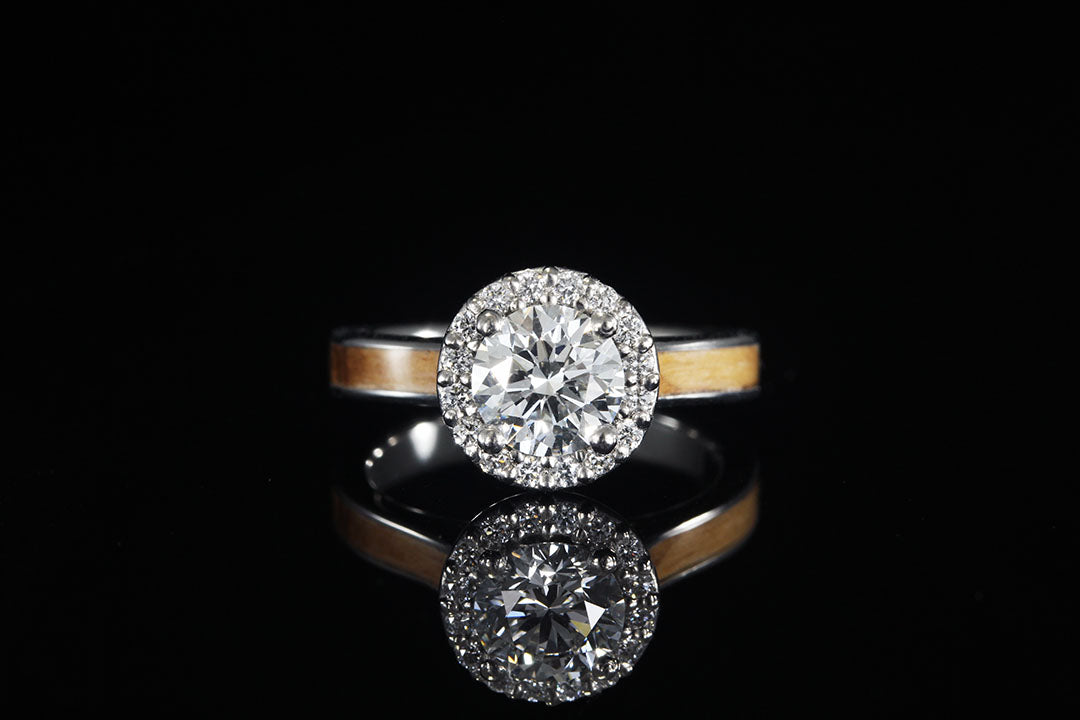 Platinum bethlehem olive wood diamond halo ring, Chasing Victory, light wood band