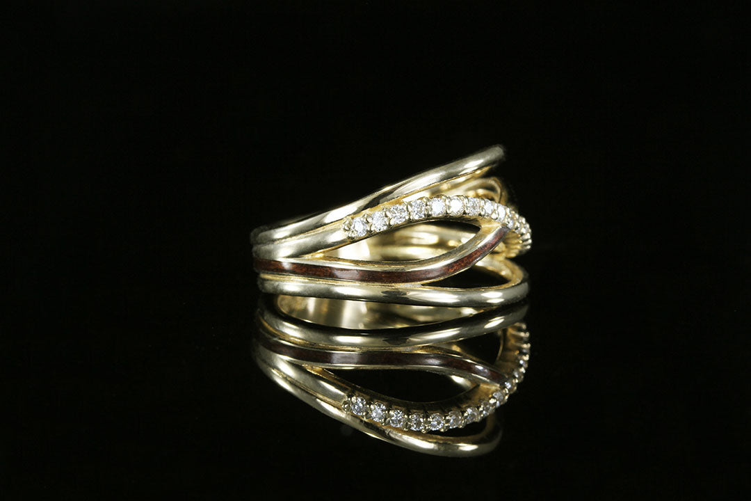 Diamond and Wood Ring, side view, white diamond lace