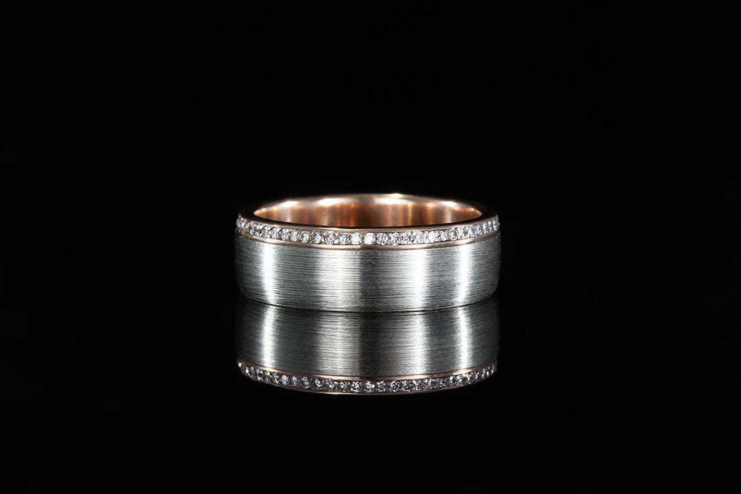 Brushed white gold and rose gold ring Pave' diamond edge, engagement ring, wedding band, Chasing Victory