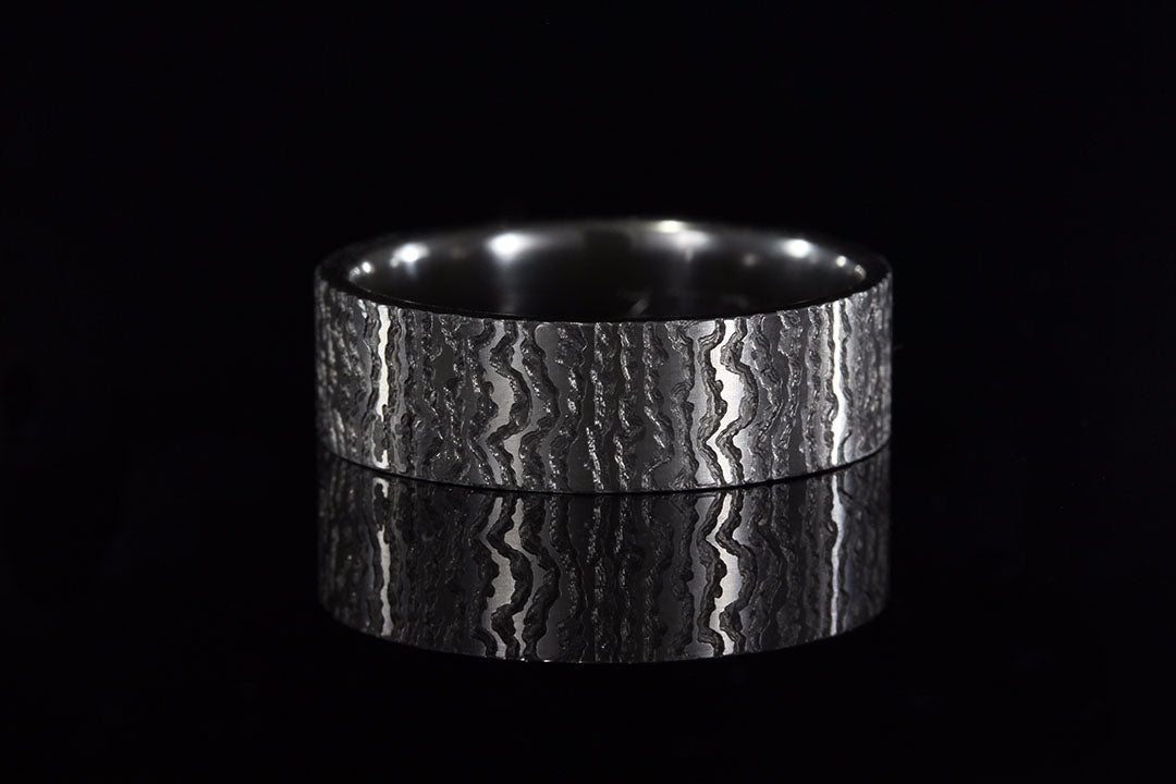 Mens black zirconium tree bark ring, Chasing Victory, wedding bands, wedding rings
