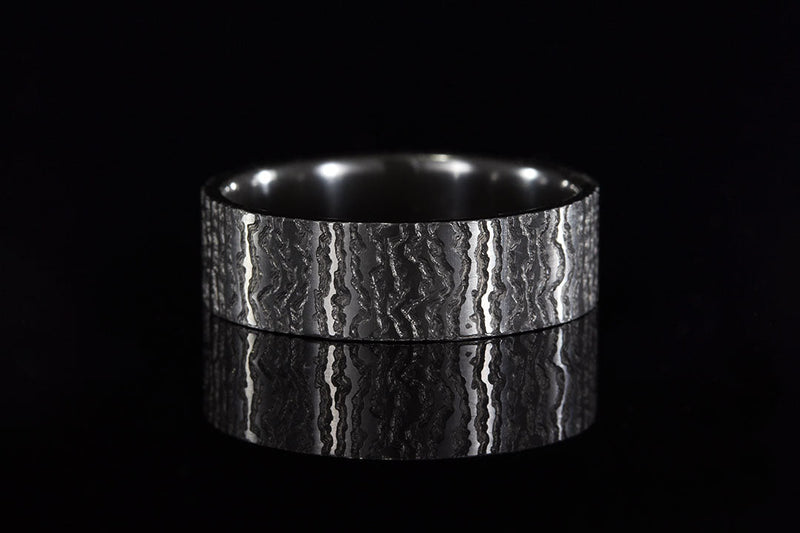 Black zirconium, wedding band, tree bark design