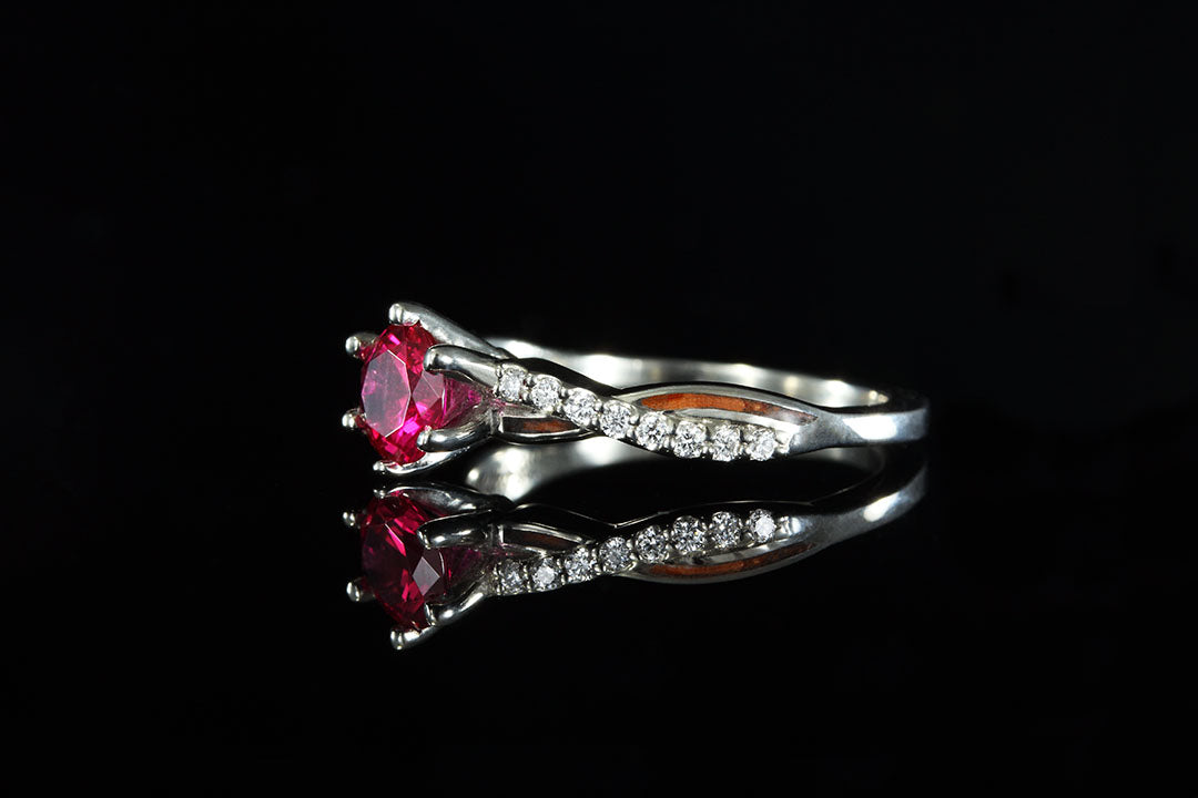 14K WHITE GOLD INTERLACED DIAMOND AND RUBY MAGNOLIA WOOD ENGAGEMENT RING - Chasing Victory