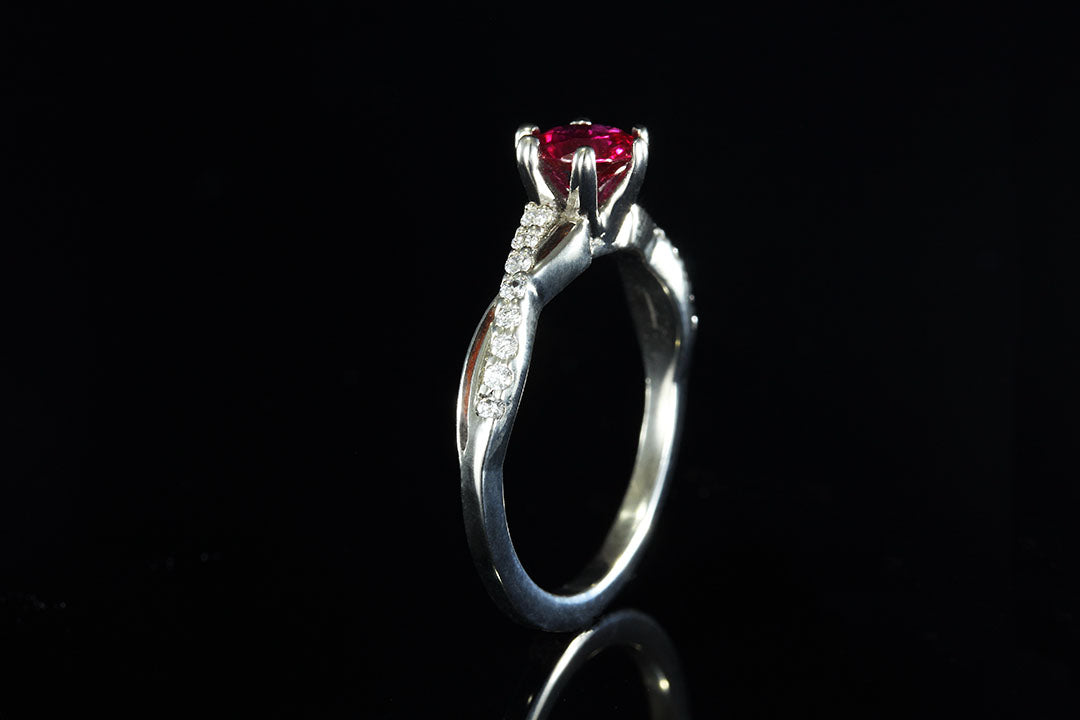 14K WHITE GOLD INTERLACED DIAMOND AND RUBY MAGNOLIA WOOD ENGAGEMENT RING - Chasing Victory
