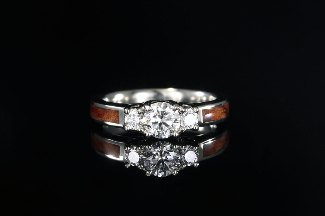 Bubinga waterfall 14K white gold diamond 3 stone curve ring, Chasing Victory, engagement rings, wedding rings