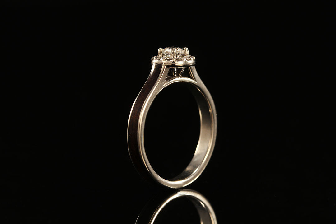 Ebony wooden ring, upright view, dark band, golden interior and band, ebony wood, white gold