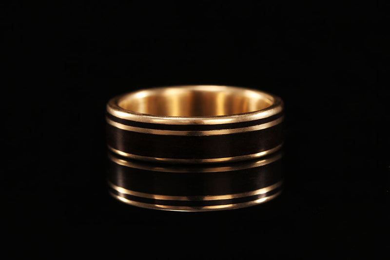 wood and gold ring for men, dark band, golden interior, wide band