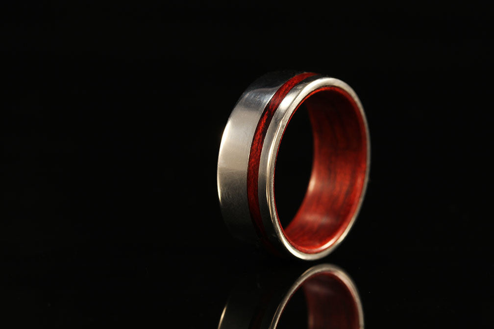 Jarrah Wooden Ring with White Gold for Men, upright view, brown red interior