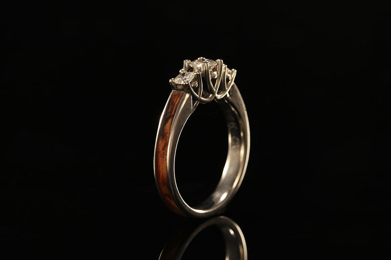 diamond wood engagement ring, upright view, golden interior band